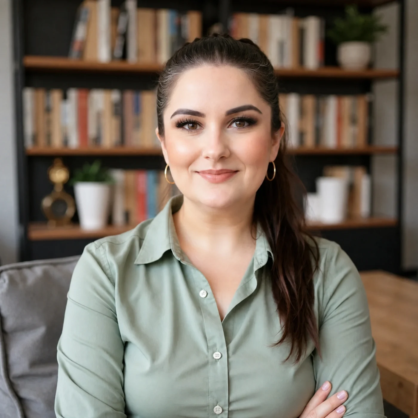 Founder of Clinical to Corporate wearing a sage blouse in front of a bookshelf