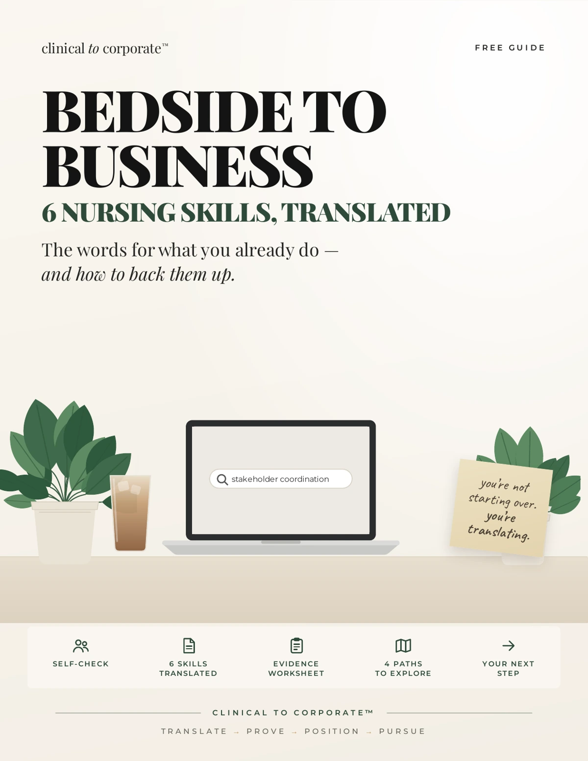 Bedside to Business guide cover with a desk, laptop, leafy plants, and a handwritten note